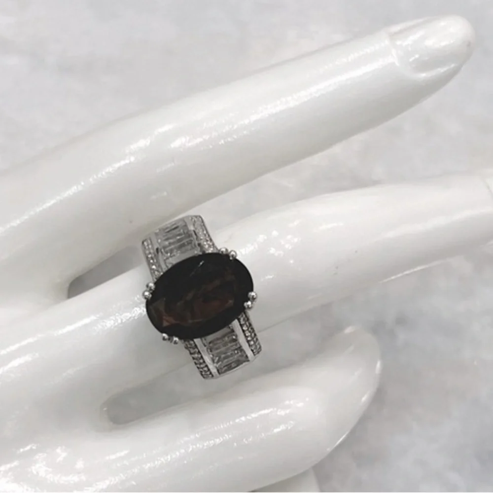 Chocolate Sapphire White Topaz Sterling Silver Ring Sz 8